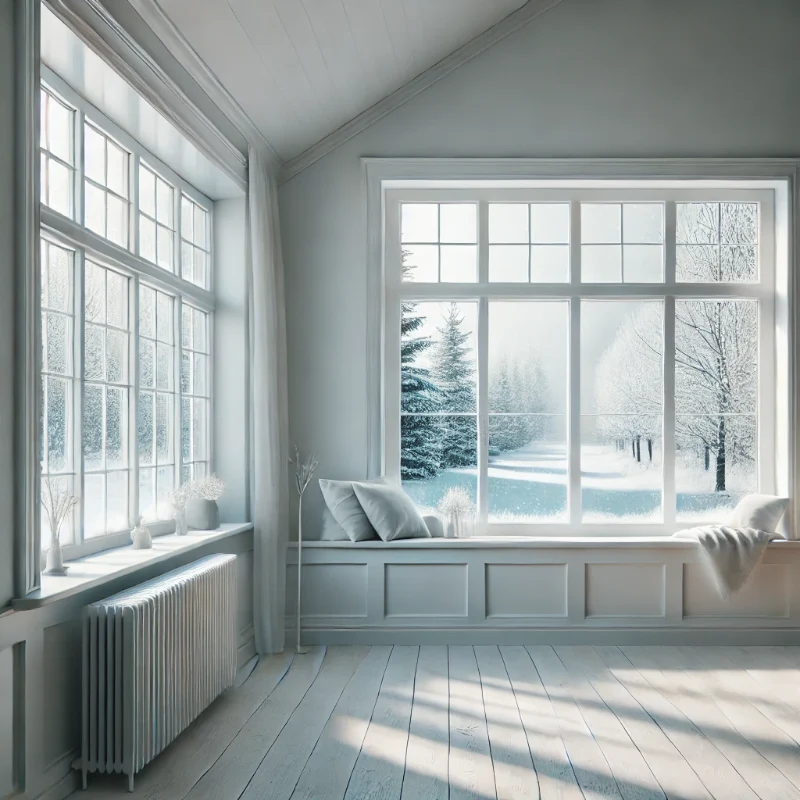 Ventana grande con vista a un paisaje nevado en el interior de una casa luminosa.