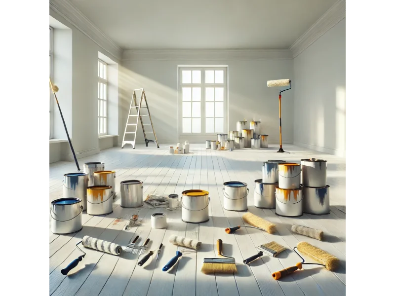 Habitación vacía con paredes blancas recién pintadas y herramientas de pintura en el suelo.