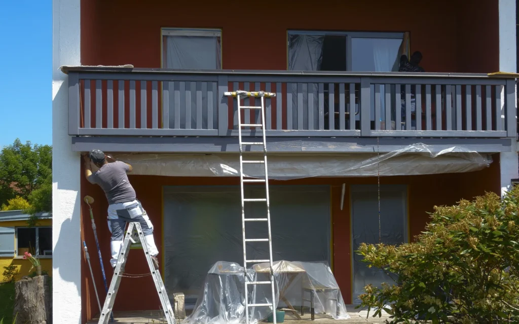 Pintor aplicando pintura roja en el exterior de una fachada en Menorca.