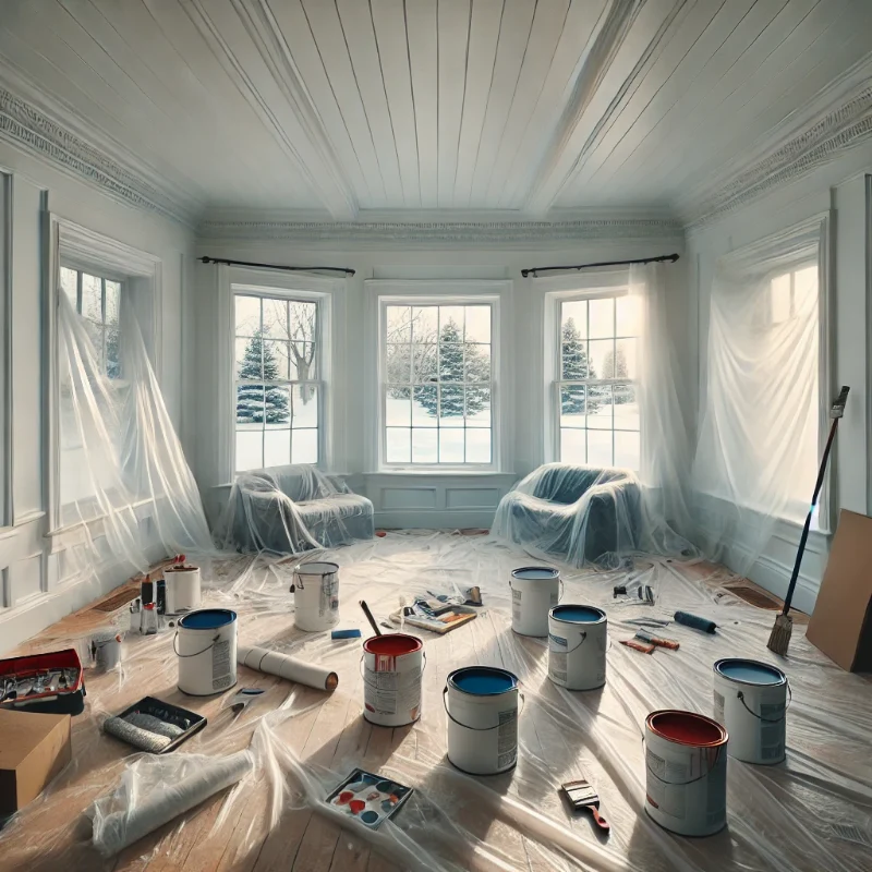Habitación con plásticos protectores y latas de pintura, lista para ser renovada durante el invierno.