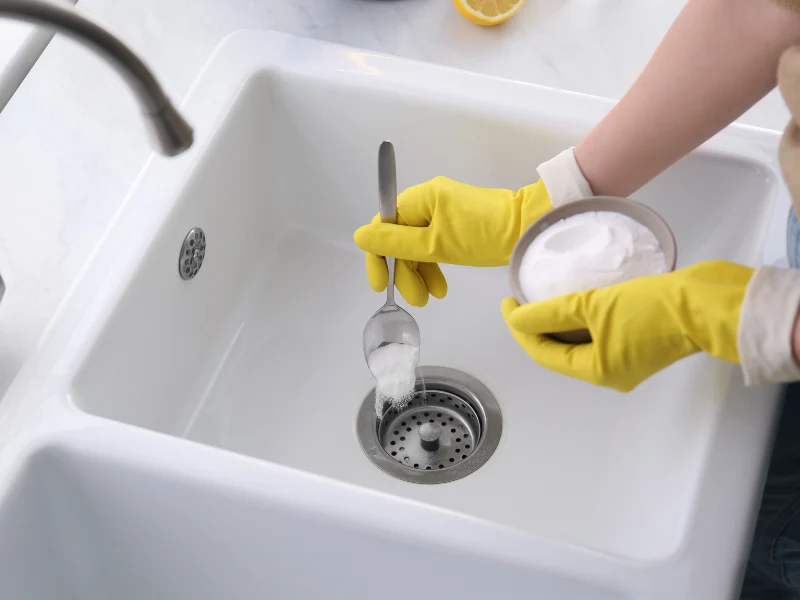 fontanero desatascando fregadero con bicarbonato