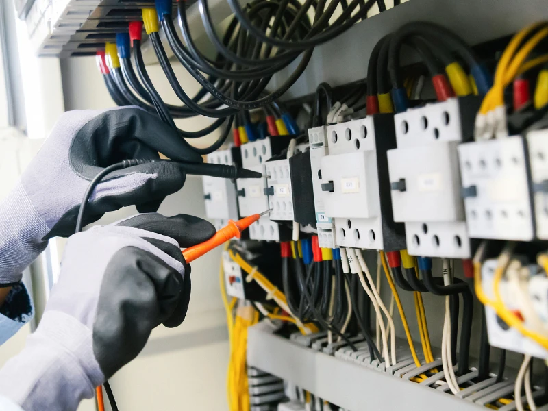 Técnico manipulando cuadro eléctrico durante instalación en Menorca