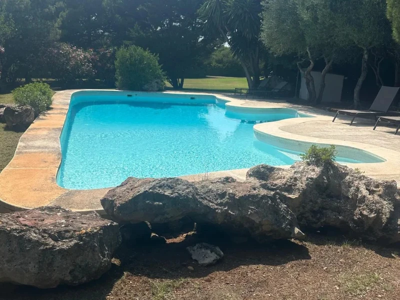 Piscina privada de diseño rodeada de jardín, construida por empresa de piscinas en Menorca